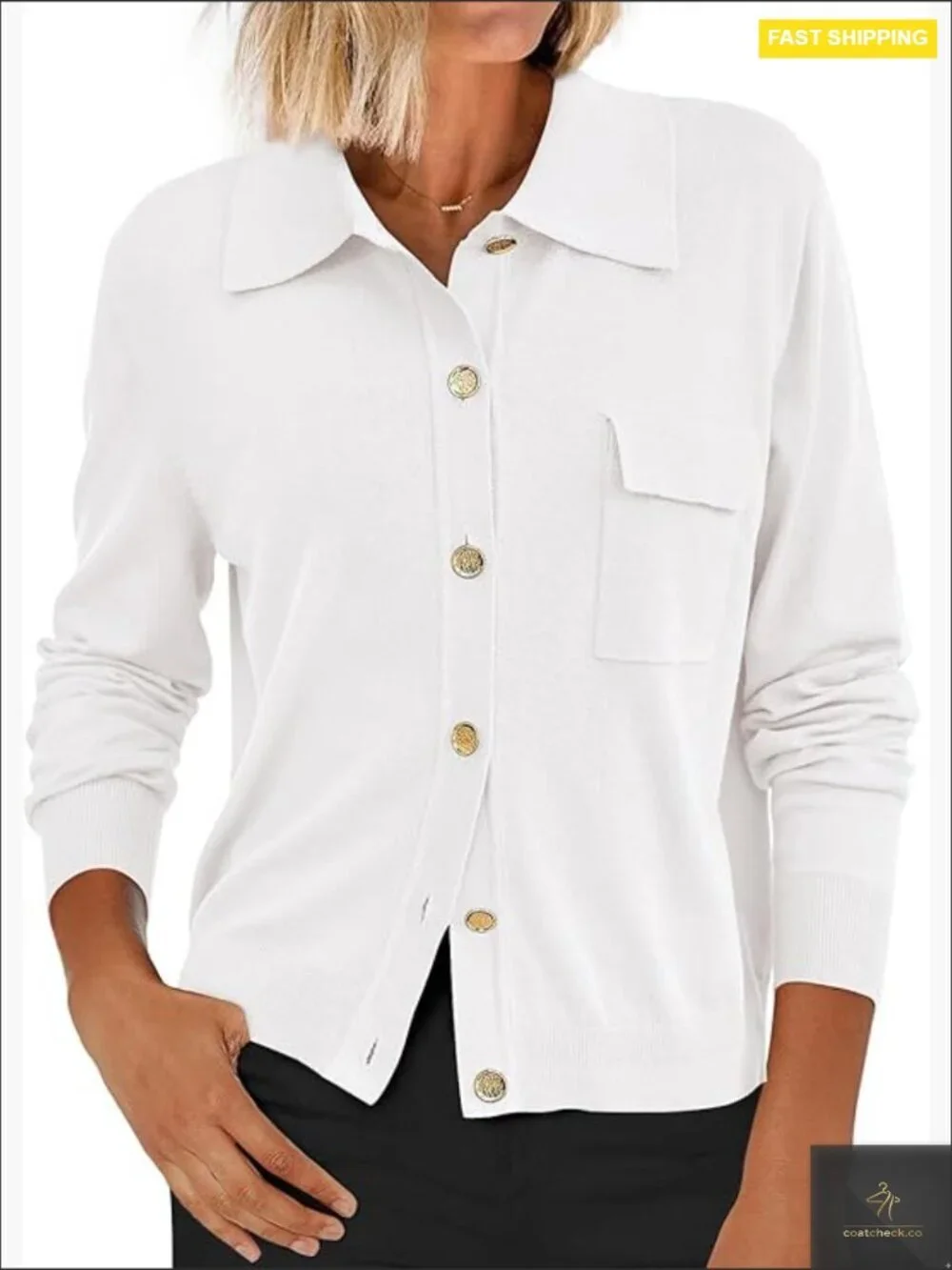 Lightweight Knit Cardigan Button Down Long Sleeve Collared Top with Pocket